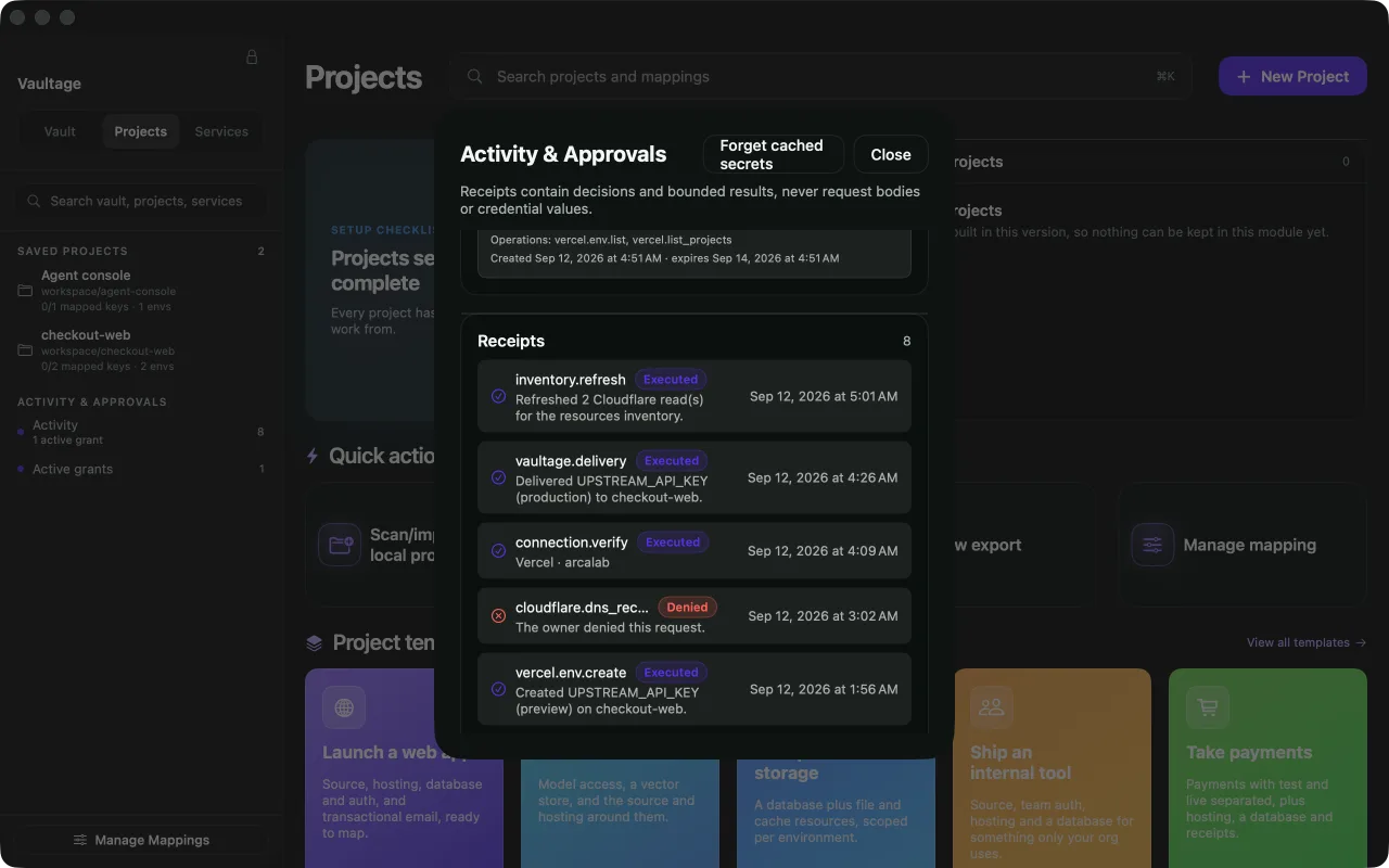 Vaultage’s Activity and Approvals interface, with a grant countdown and operation receipts including an action denied by the owner.