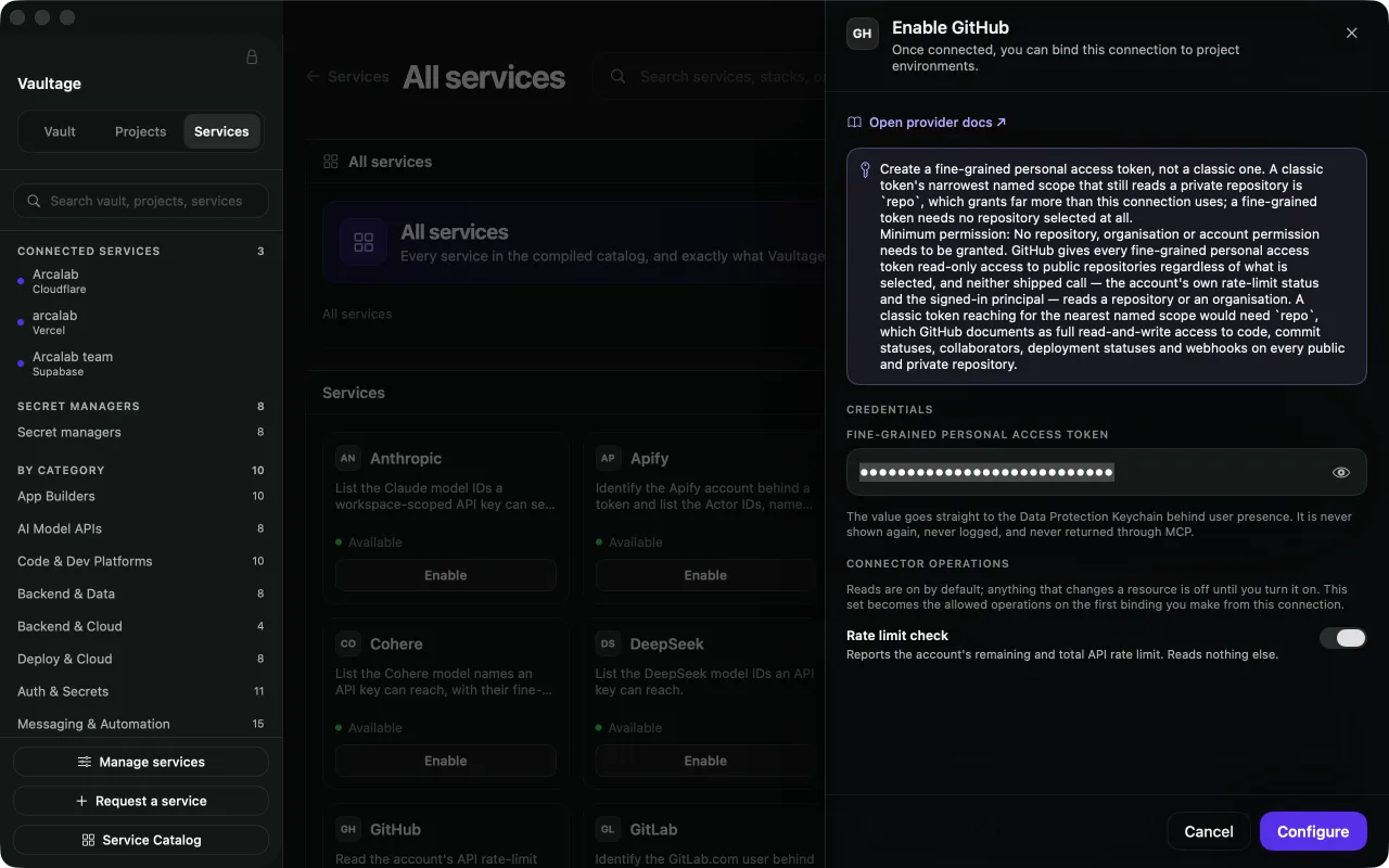 The Vaultage GitHub connection panel, with a concealed token field, permissions guidance and configuration controls.