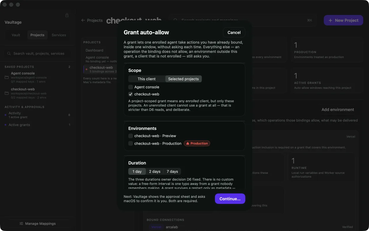Vaultage’s grant creation sheet listing project environments and one, two and seven-day duration choices before native approval.